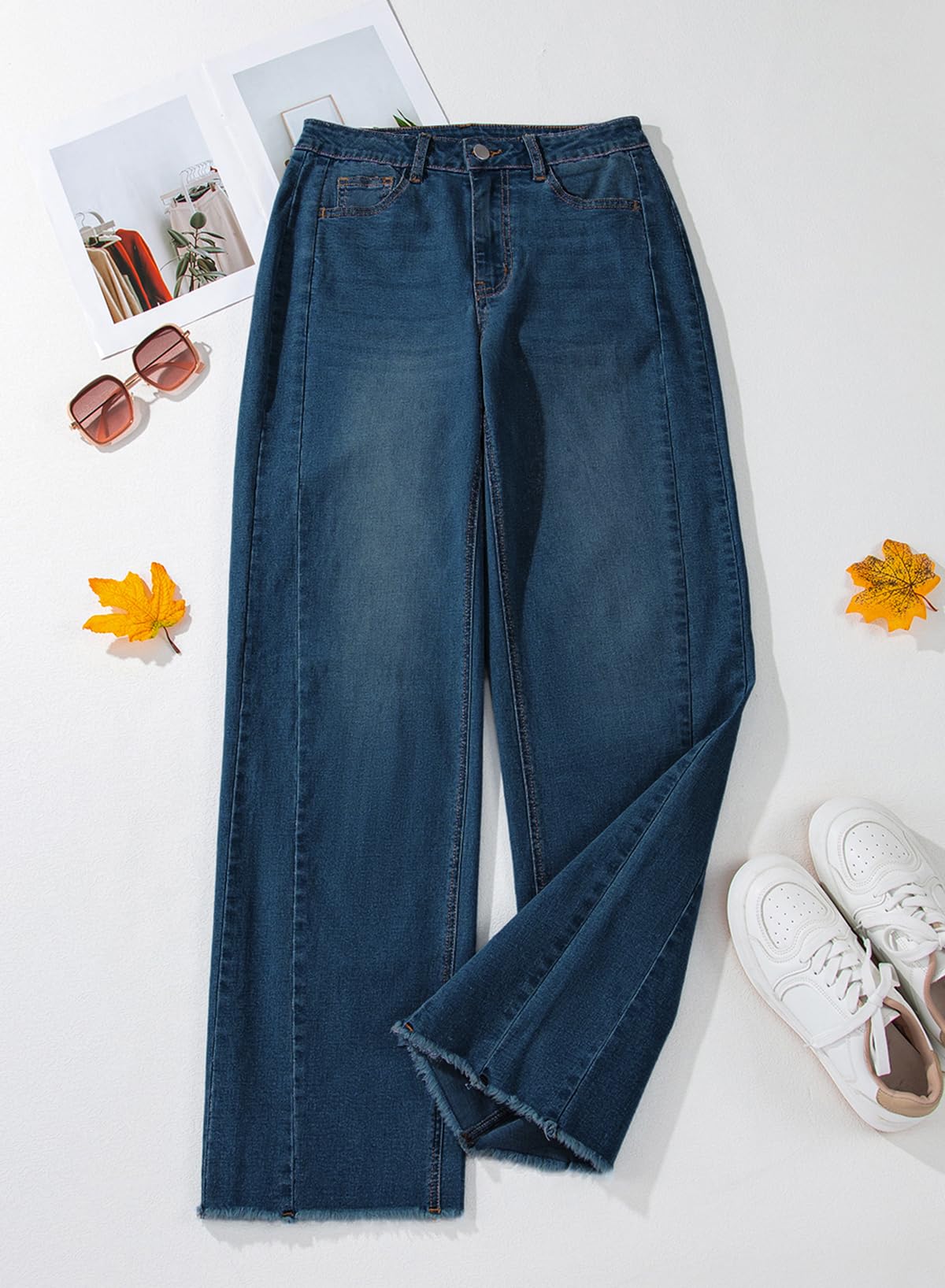 Women's Wide Leg Jeans High Waisted Strech Raw Hem Denim Pants