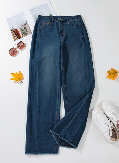 Women's Wide Leg Jeans High Waisted Strech Raw Hem Denim Pants