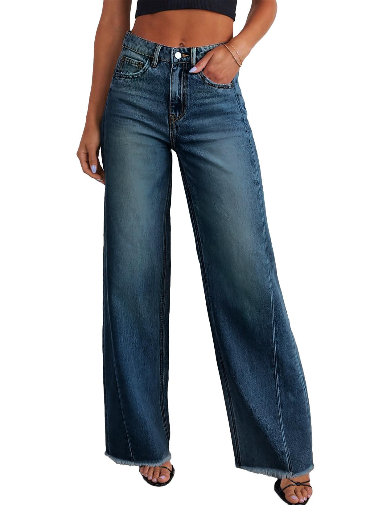 Women's Wide Leg Jeans High Waisted Strech Raw Hem Denim Pants