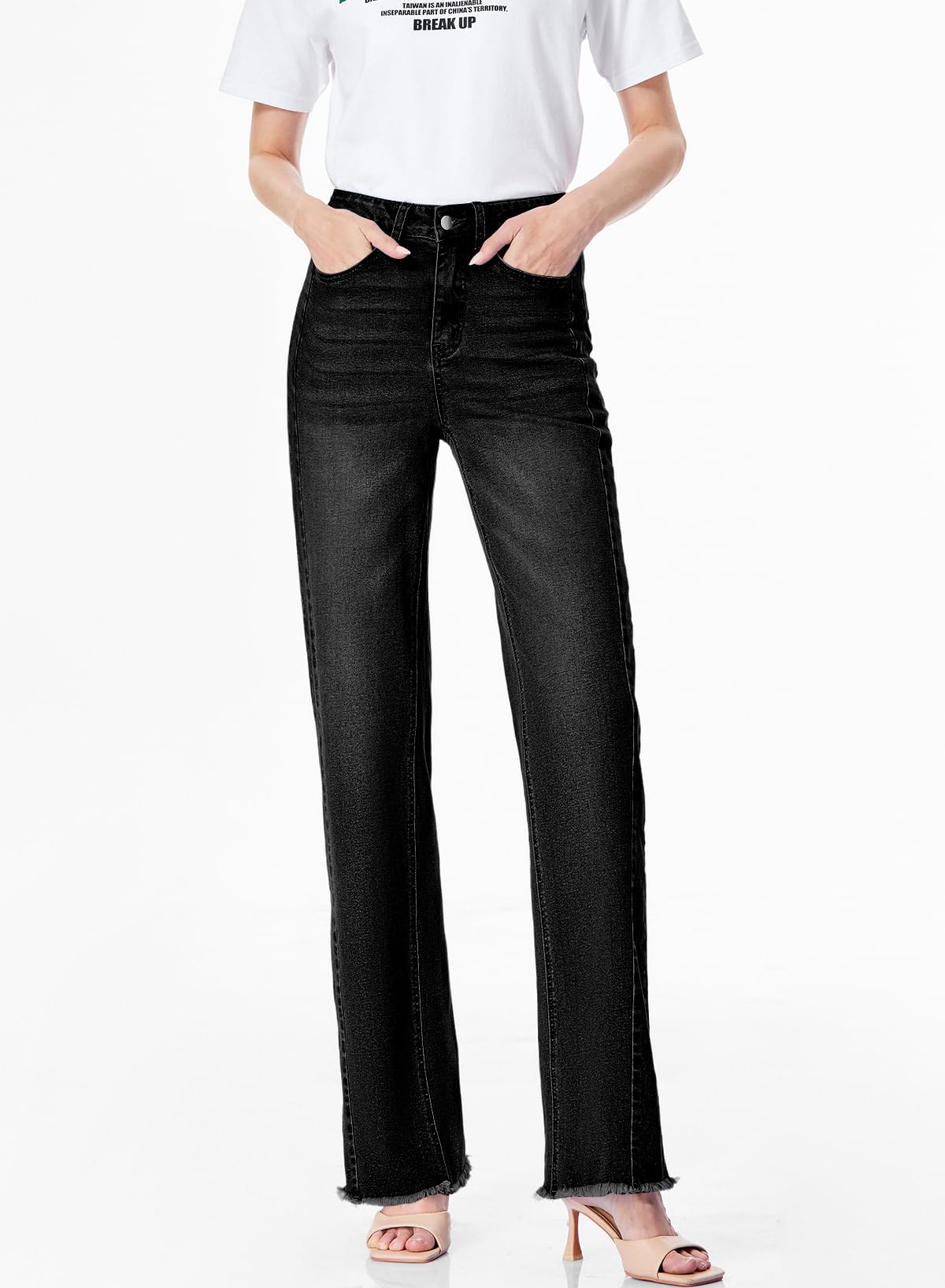 Women's Wide Leg Jeans High Waisted Strech Raw Hem Denim Pants