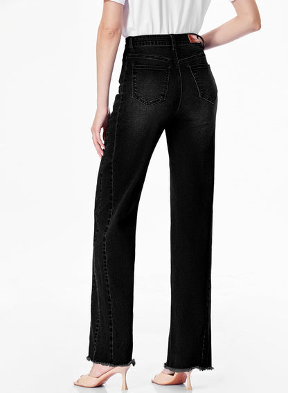Women's Wide Leg Jeans High Waisted Strech Raw Hem Denim Pants