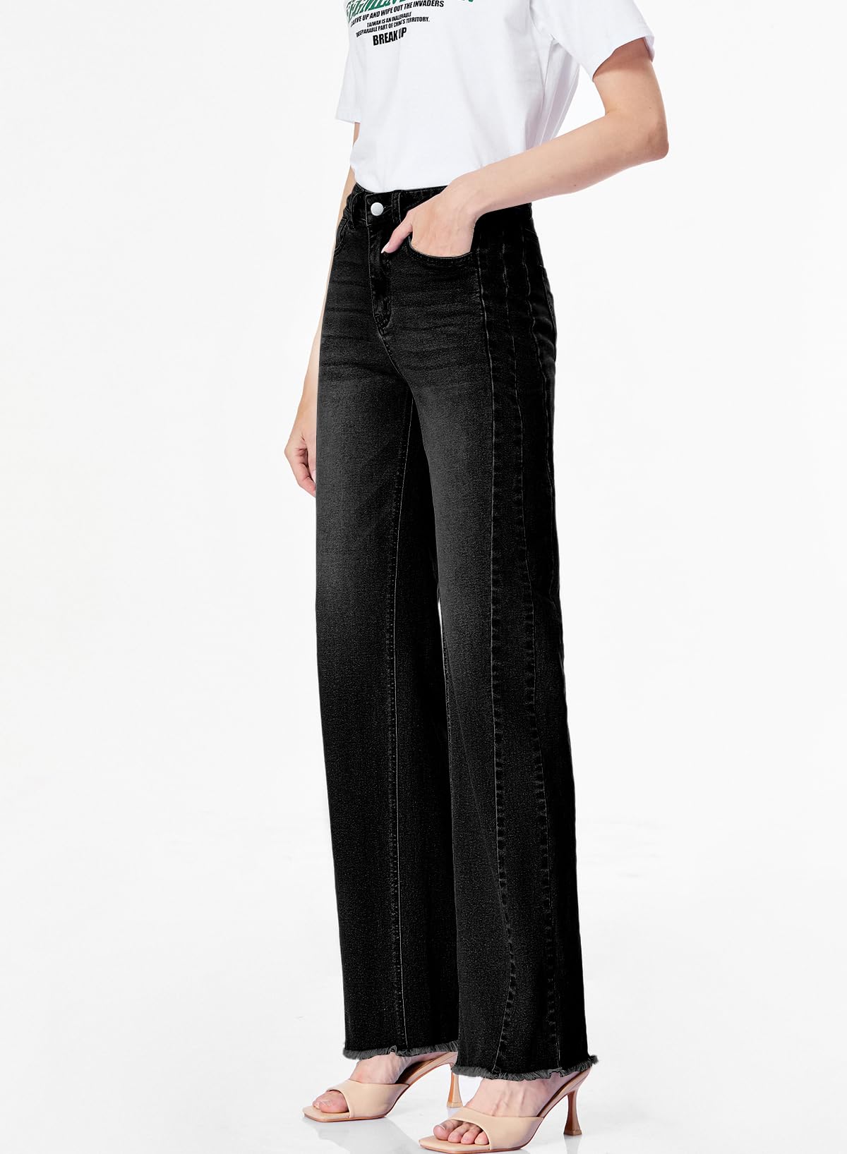 Women's Wide Leg Jeans High Waisted Strech Raw Hem Denim Pants
