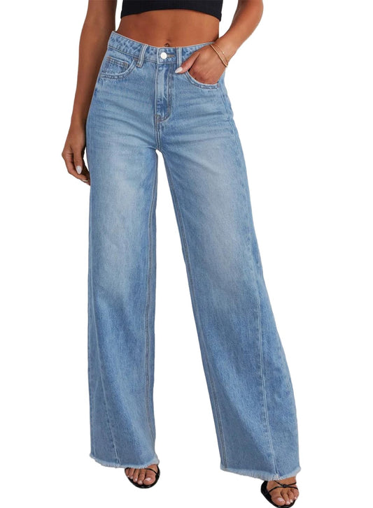 Women's Wide Leg Jeans High Waisted Strech Raw Hem Denim Pants