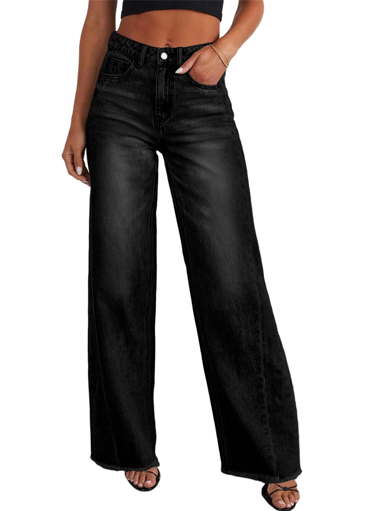 Women's Wide Leg Jeans High Waisted Strech Raw Hem Denim Pants
