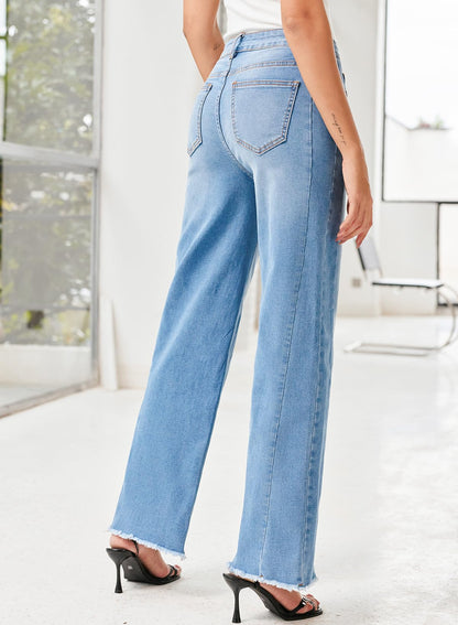 Women's Wide Leg Jeans High Waisted Strech Raw Hem Denim Pants