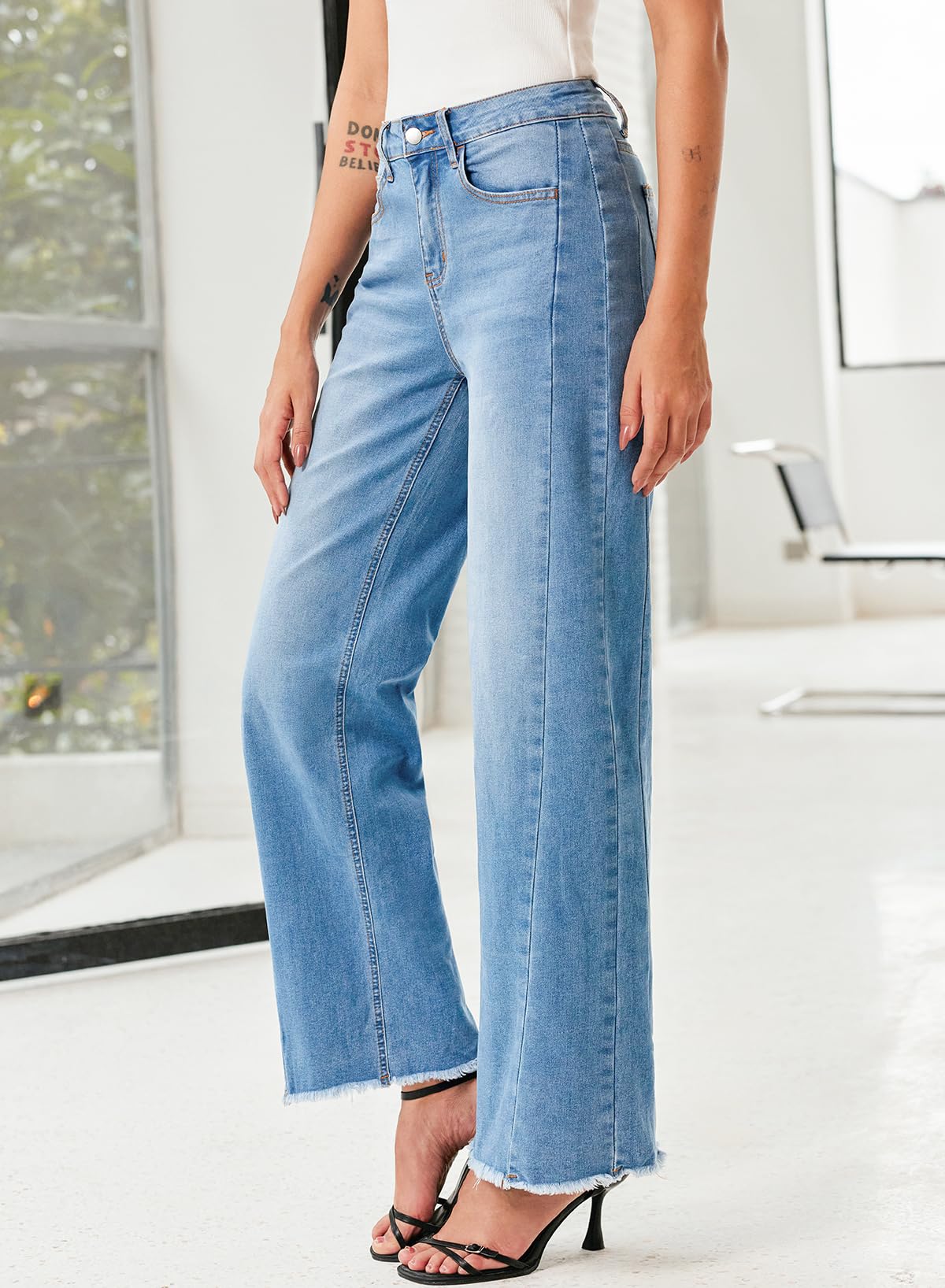Women's Wide Leg Jeans High Waisted Strech Raw Hem Denim Pants