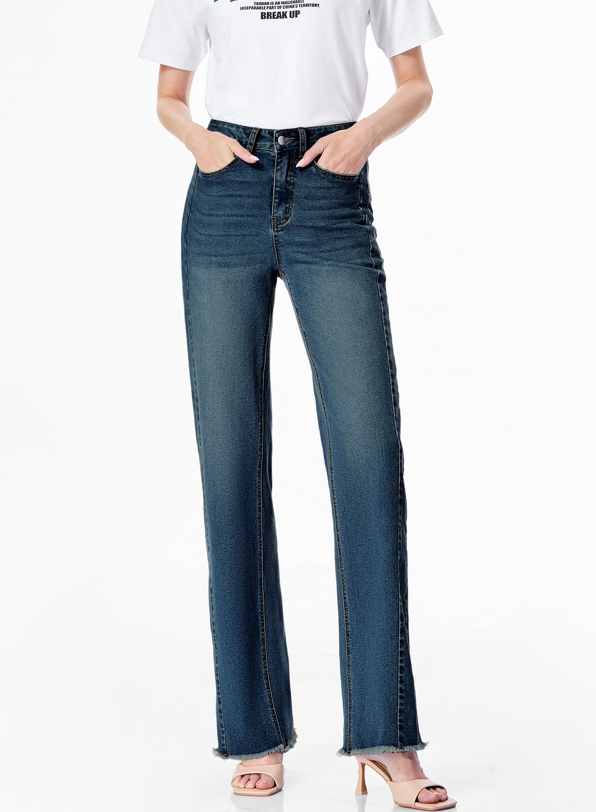 Women's Wide Leg Jeans High Waisted Strech Raw Hem Denim Pants
