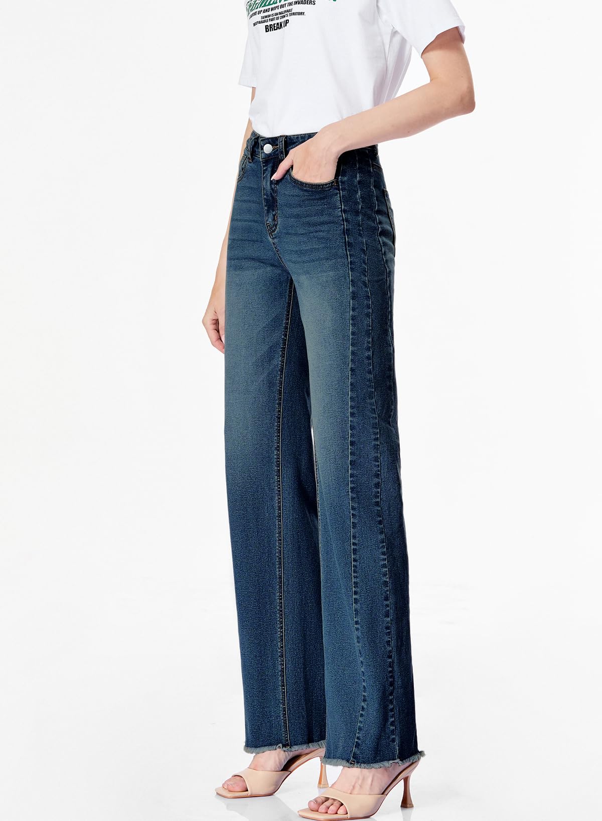 Women's Wide Leg Jeans High Waisted Strech Raw Hem Denim Pants