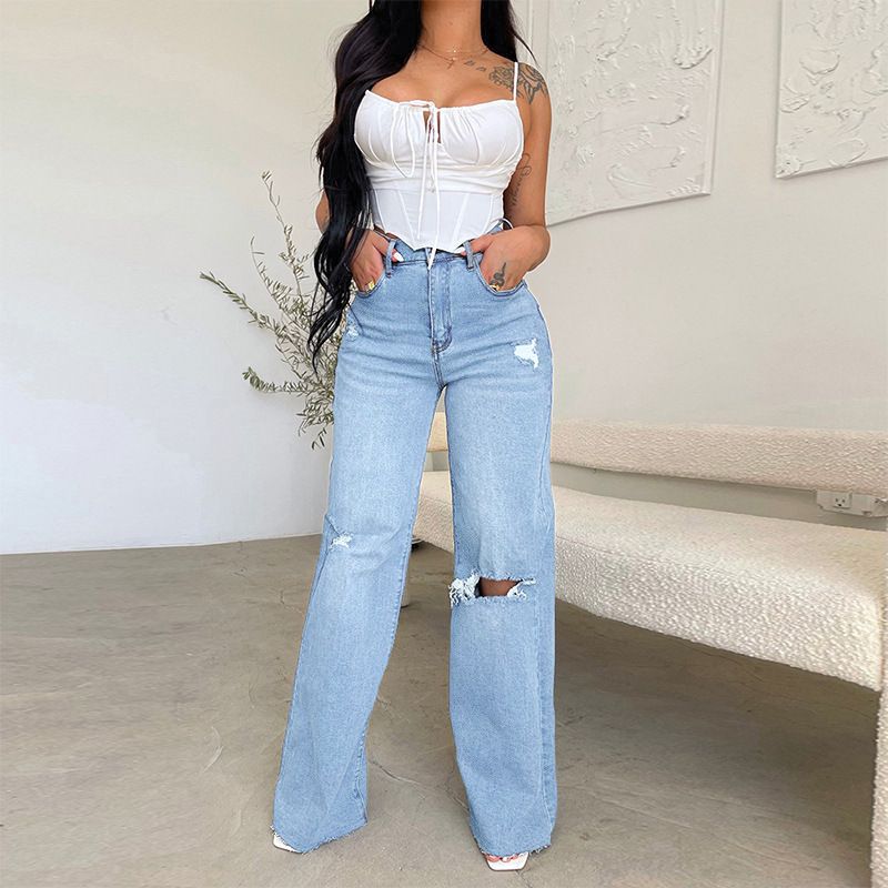 Women's Baggy Jeans Loose Ripped Denim Pants Distressed Wide Leg Palazzo Jeans