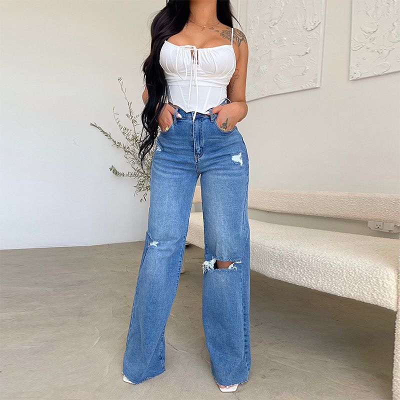 Women's Baggy Jeans Loose Ripped Denim Pants Distressed Wide Leg Palazzo Jeans