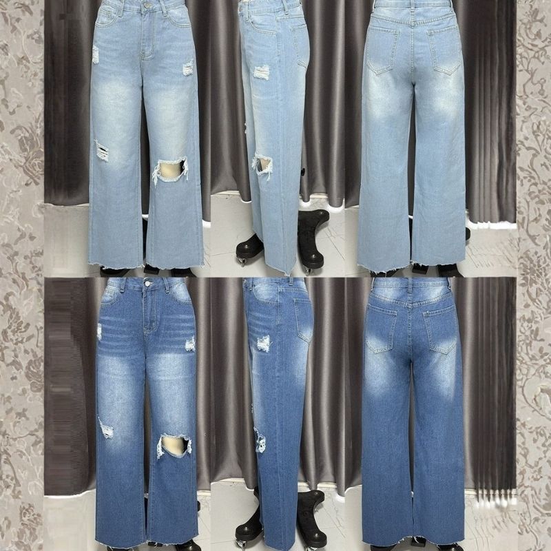 Women's baggy jeans loose ripped denim pants distressed wide leg palazzo jeans, front and back views