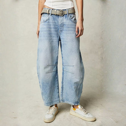 Women’s barrel jeans mid rise wide leg cropped baggy denim pants in blue, front view