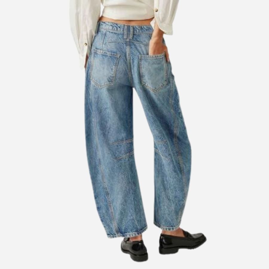 Women’s barrel jeans mid rise wide leg cropped baggy denim pants in blue, back view