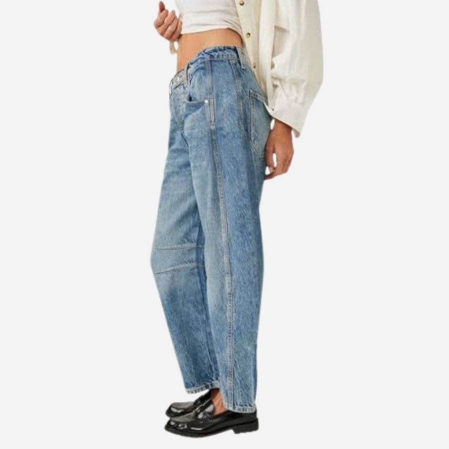 Women’s barrel jeans mid rise wide leg cropped baggy denim pants in blue, side view