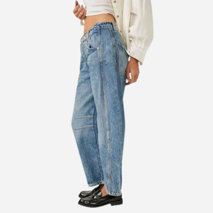 Women’s barrel jeans mid rise wide leg cropped baggy denim pants in blue, side view