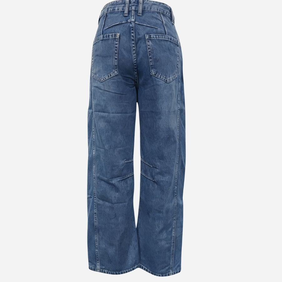 Women’s barrel jeans mid rise wide leg cropped baggy denim pants in navy, flat lay back