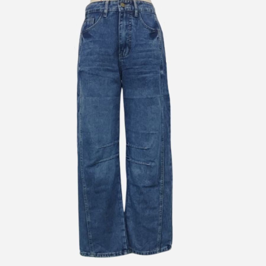 Women’s barrel jeans mid rise wide leg cropped baggy denim pants in navy, flat lay front