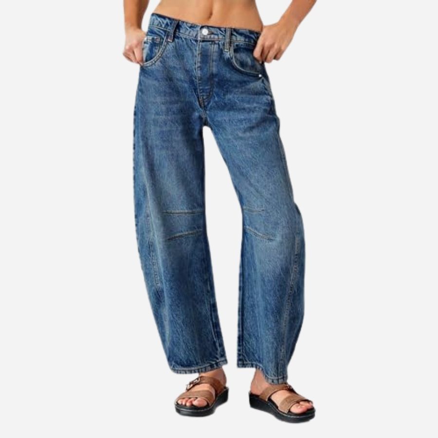 Women’s barrel jeans mid rise wide leg cropped baggy denim pants in navy, front view