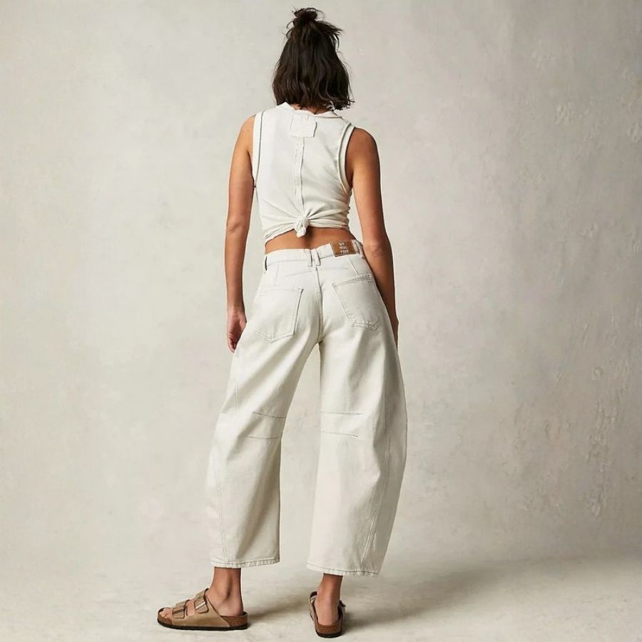Women’s barrel jeans mid rise wide leg cropped baggy denim pants in white, back view
