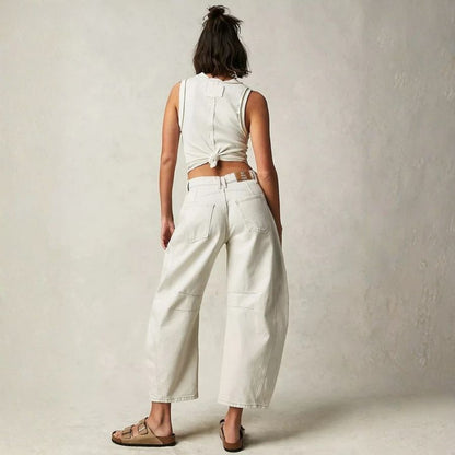 Women’s barrel jeans mid rise wide leg cropped baggy denim pants in white, back view