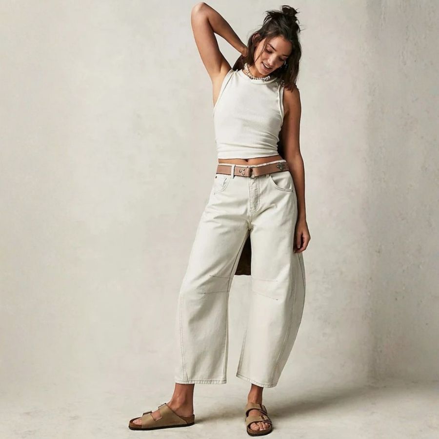 Women’s barrel jeans mid rise wide leg cropped baggy denim pants in white, white view