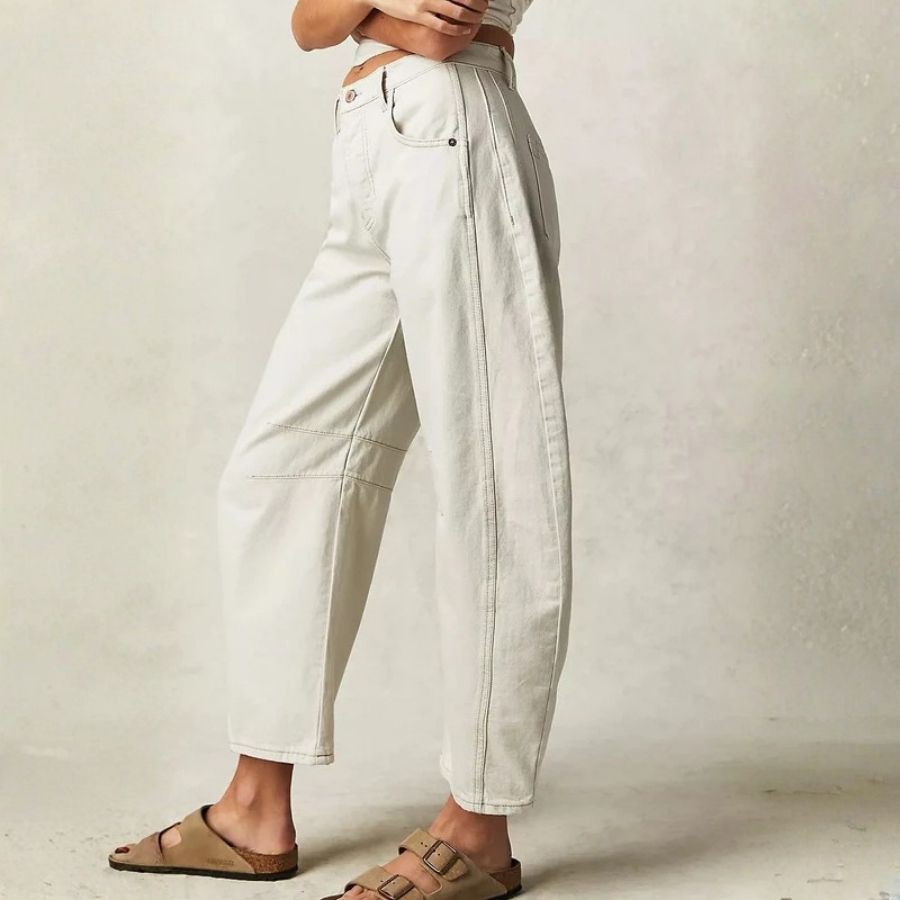 Women’s barrel jeans mid rise wide leg cropped baggy denim pants in white, side view
