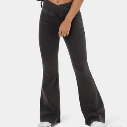 Bell bottom jeans women high waisted flare leggings sweatpants in black, front view