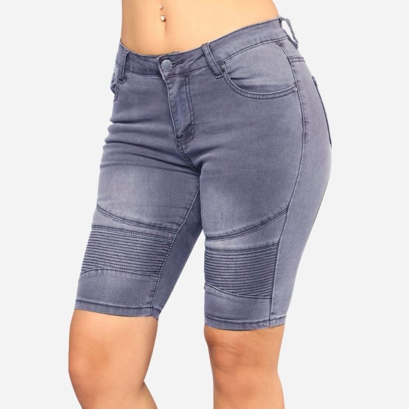 Women’s biker stretch denim knee length shorts in grey