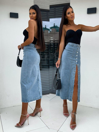 Women’s Button Front High Waist Denim Skirt Irregular Split Bodycon Jean Skirt
