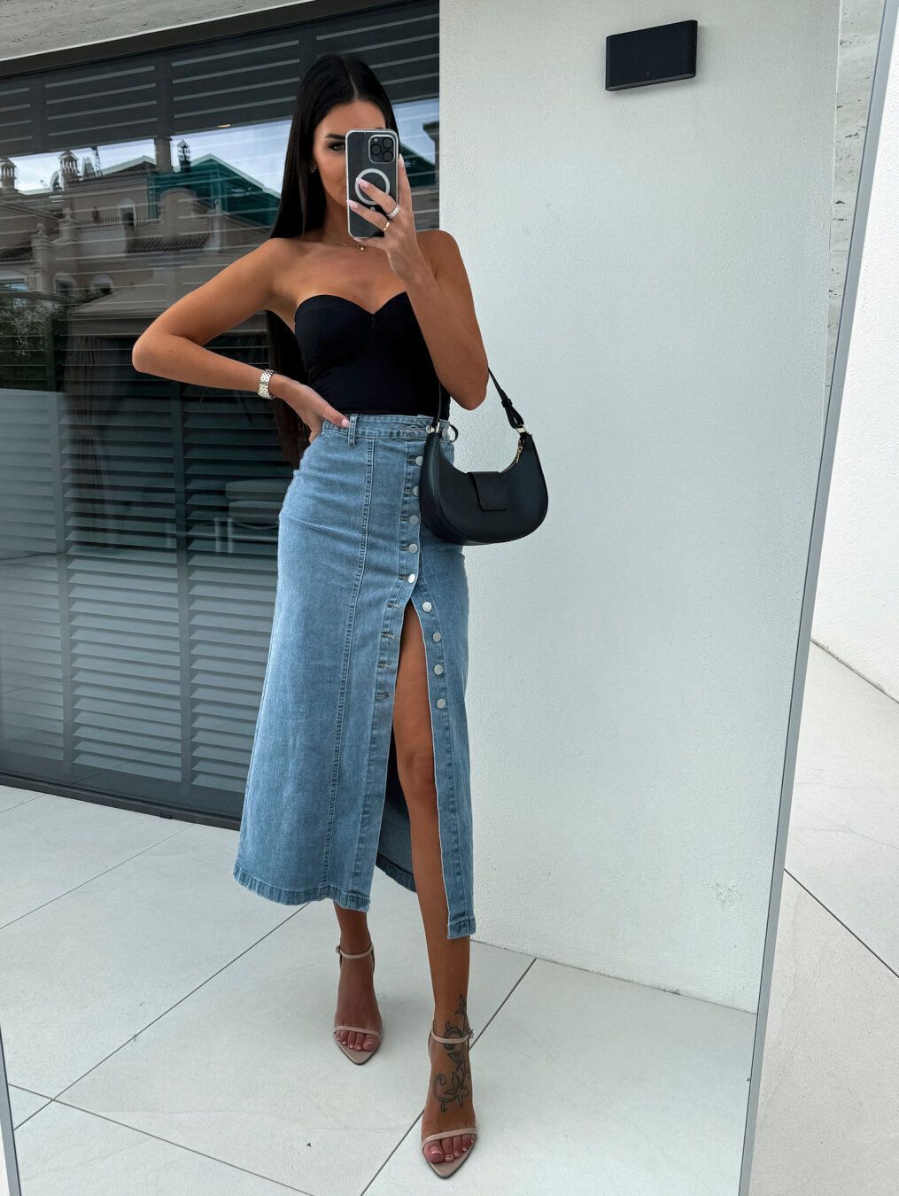 Women’s Button Front High Waist Denim Skirt Irregular Split Bodycon Jean Skirt