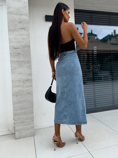 Women’s Button Front High Waist Denim Skirt Irregular Split Bodycon Jean Skirt