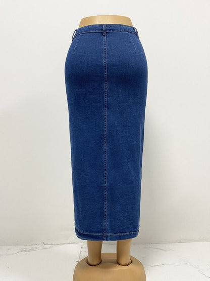 Women’s Button Front High Waist Denim Skirt Irregular Split Bodycon Jean Skirt