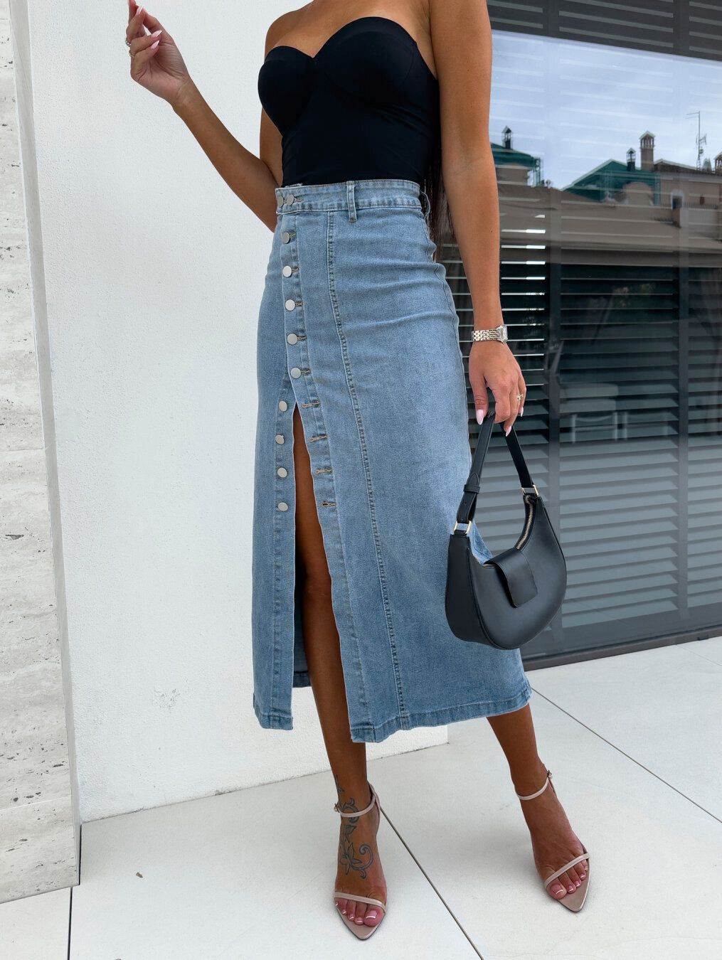 Women’s Button Front High Waist Denim Skirt Irregular Split Bodycon Jean Skirt