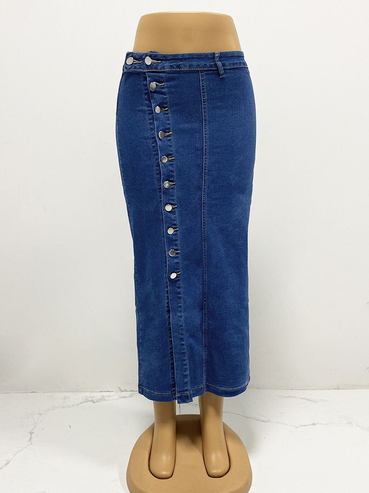 Women’s Button Front High Waist Denim Skirt Irregular Split Bodycon Jean Skirt