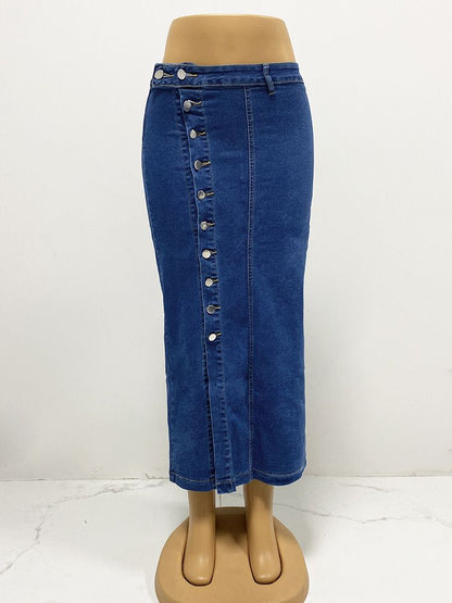 Women’s Button Front High Waist Denim Skirt Irregular Split Bodycon Jean Skirt