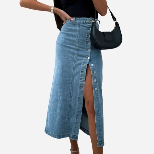 Women’s Button Front High Waist Denim Skirt Irregular Split Bodycon Jean Skirt