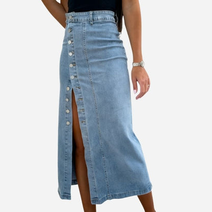 Women’s Button Front High Waist Denim Skirt Irregular Split Bodycon Jean Skirt