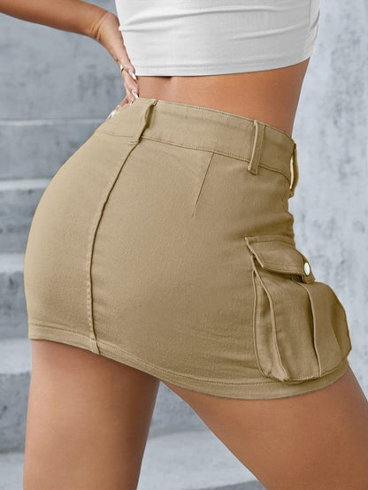 Women’s Cargo Denim Mini Skirt – Low Waist Button Front Bodycon Y2K Style Khaki Color with back view