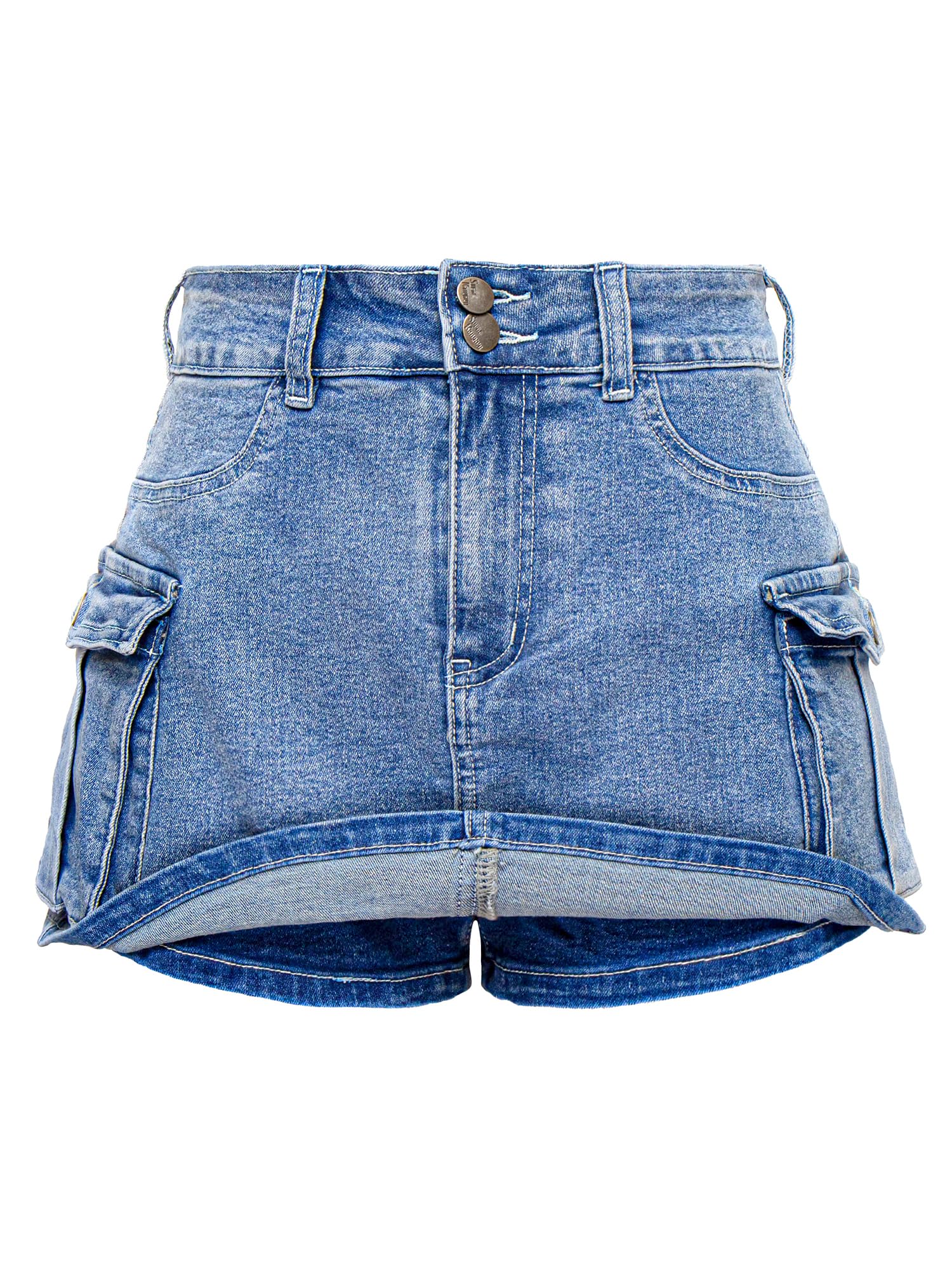 Women’s Cargo Denim Mini Skirt – Low Waist Button Front Bodycon Y2K Style Blue Color