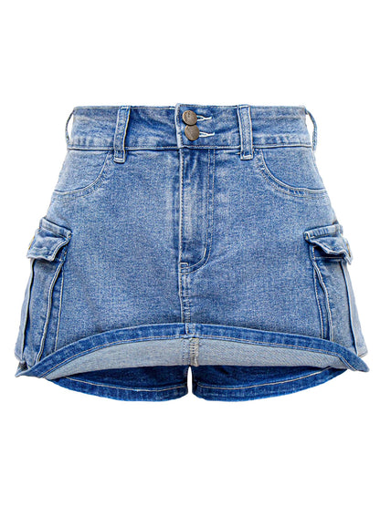 Women’s Cargo Denim Mini Skirt – Low Waist Button Front Bodycon Y2K Style Blue Color