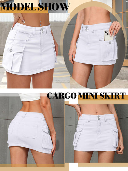 Women’s Cargo Denim Mini Skirt – Low Waist Button Front Bodycon Y2K Style White Color with details