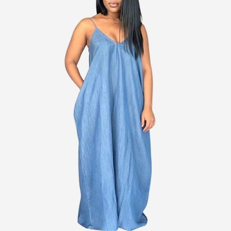 women's denim maxi dress v neck spaghetti strap sundress