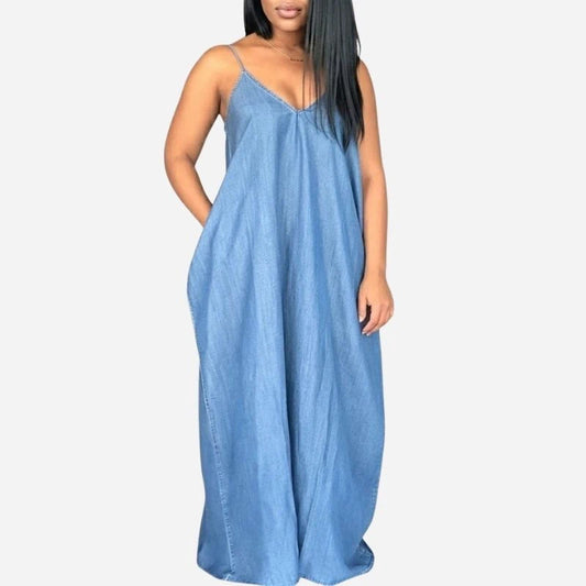 women's denim maxi dress v neck spaghetti strap sundress
