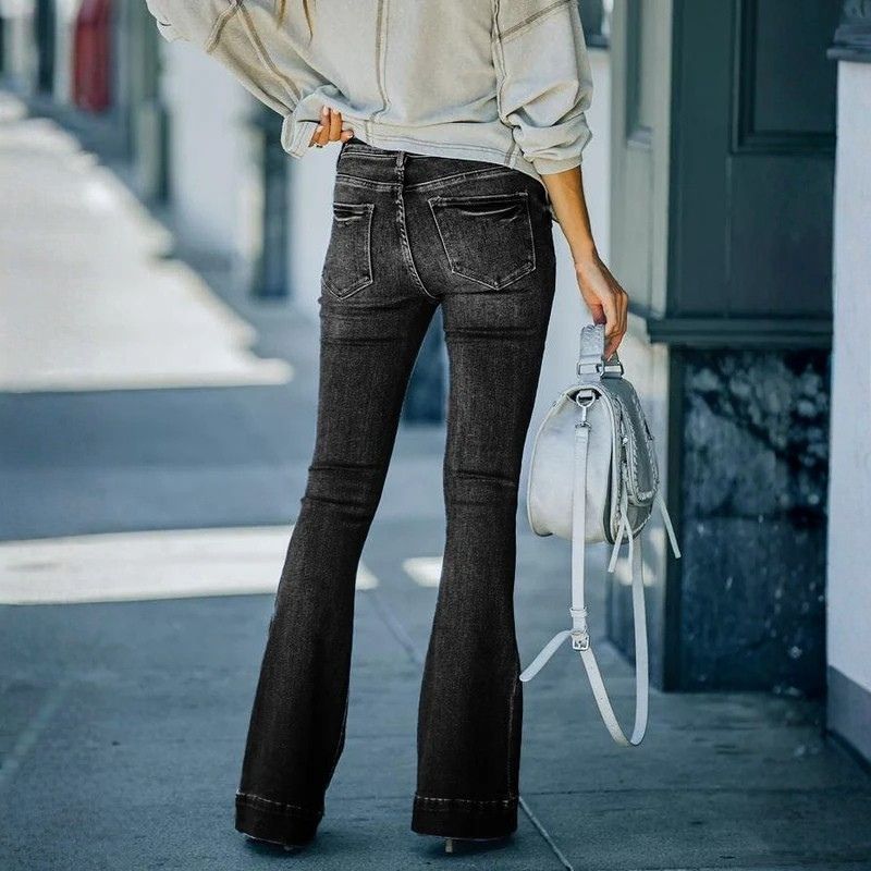 Women's flare bell bottom jeans high waisted bootcut denim in black, back view
