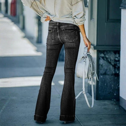 Women's flare bell bottom jeans high waisted bootcut denim in black, back view