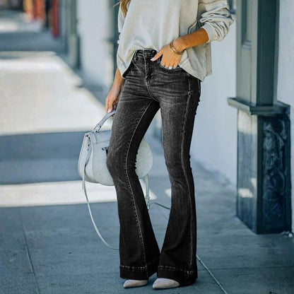 Women's flare bell bottom jeans high waisted bootcut denim in black, side view