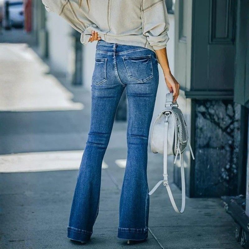 Women's flare bell bottom jeans high waisted bootcut jeans denim pants in blue, back view