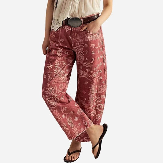 women‘s floral print barrel jeans wide leg cropped denim pants