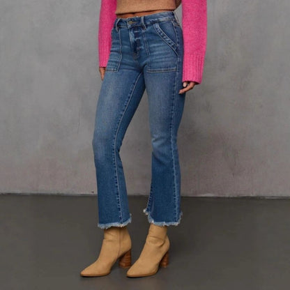 Women’s high waist denim cropped flare jeans slim fit bootcut pants, side views