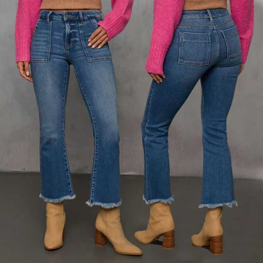 Women’s high waist stretch denim cropped flare jeans slim fit bootcut pants, front and back views